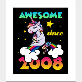 Cute Awesome Unicorn Since 2008 Rainbow Gift Posters and Art